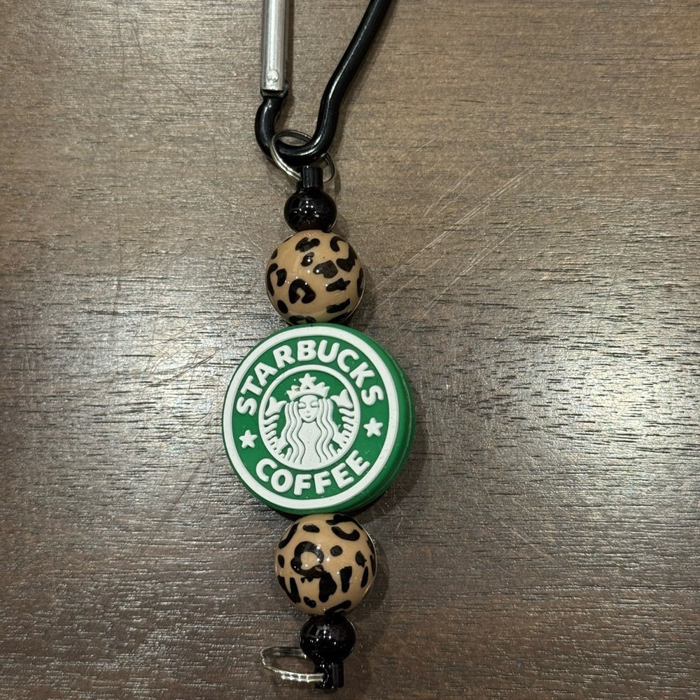 Starbucks Green and Tan Keychain with Leopard Beads